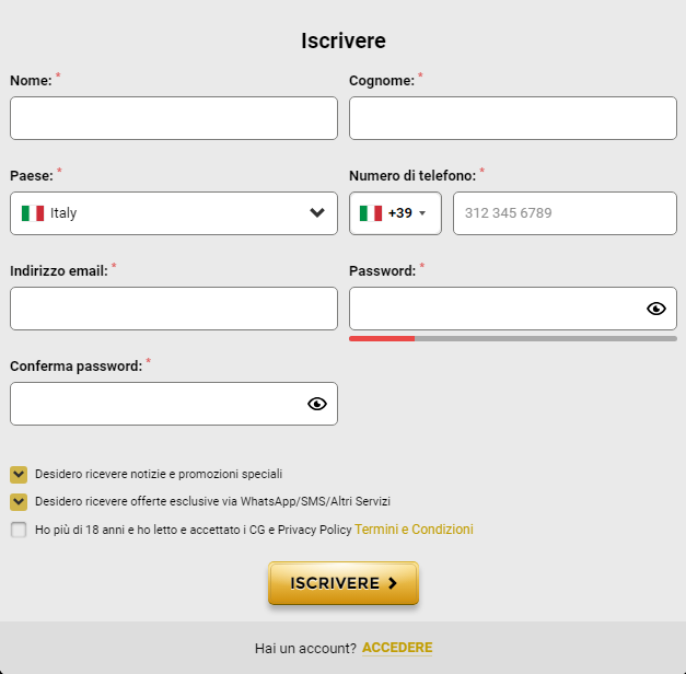 Modulo di registrazione WinUnique Casino